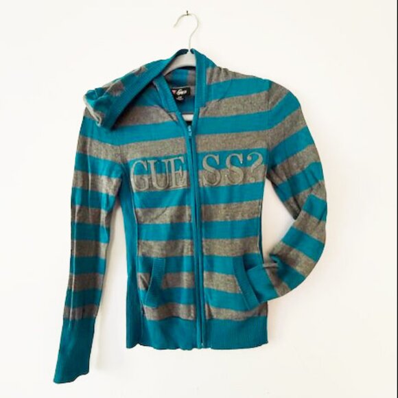 Guess turquoise and gray striped sweater hoodie — Size S/P - Picture 1 of 4